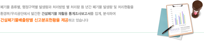 폐기물 종류별, 행정구역별 발생량과 처리방법별 처리량 등 년간 폐기물 발생량 및 처리현황을 환경부/우리공단에서 발간한 건설폐기물재활용통계조사보고서를 집계, 분석하여 건설폐기물배출량별 신고분포현황을 제공하고 있습니다.